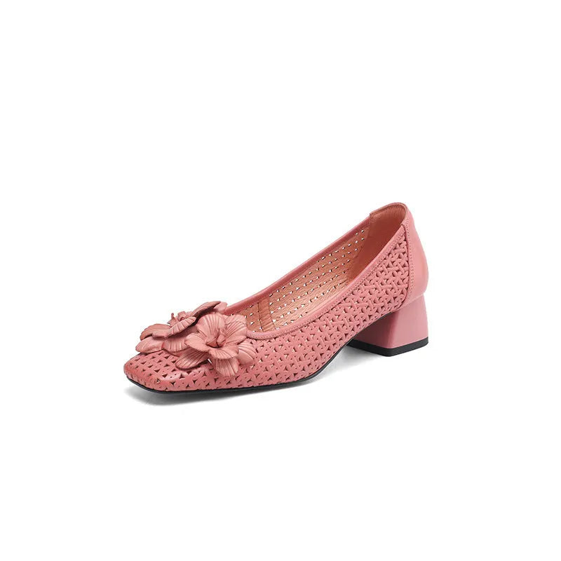 Women's light brown leather weave pumps with hollow design and mid heel on beef tendon sole