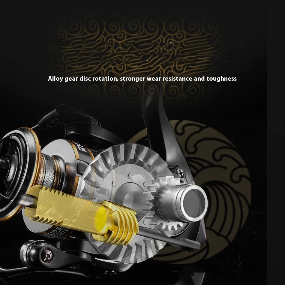 All-metal spinning fishing reel with zero-gap design and black EVA grip handle on a grey background.