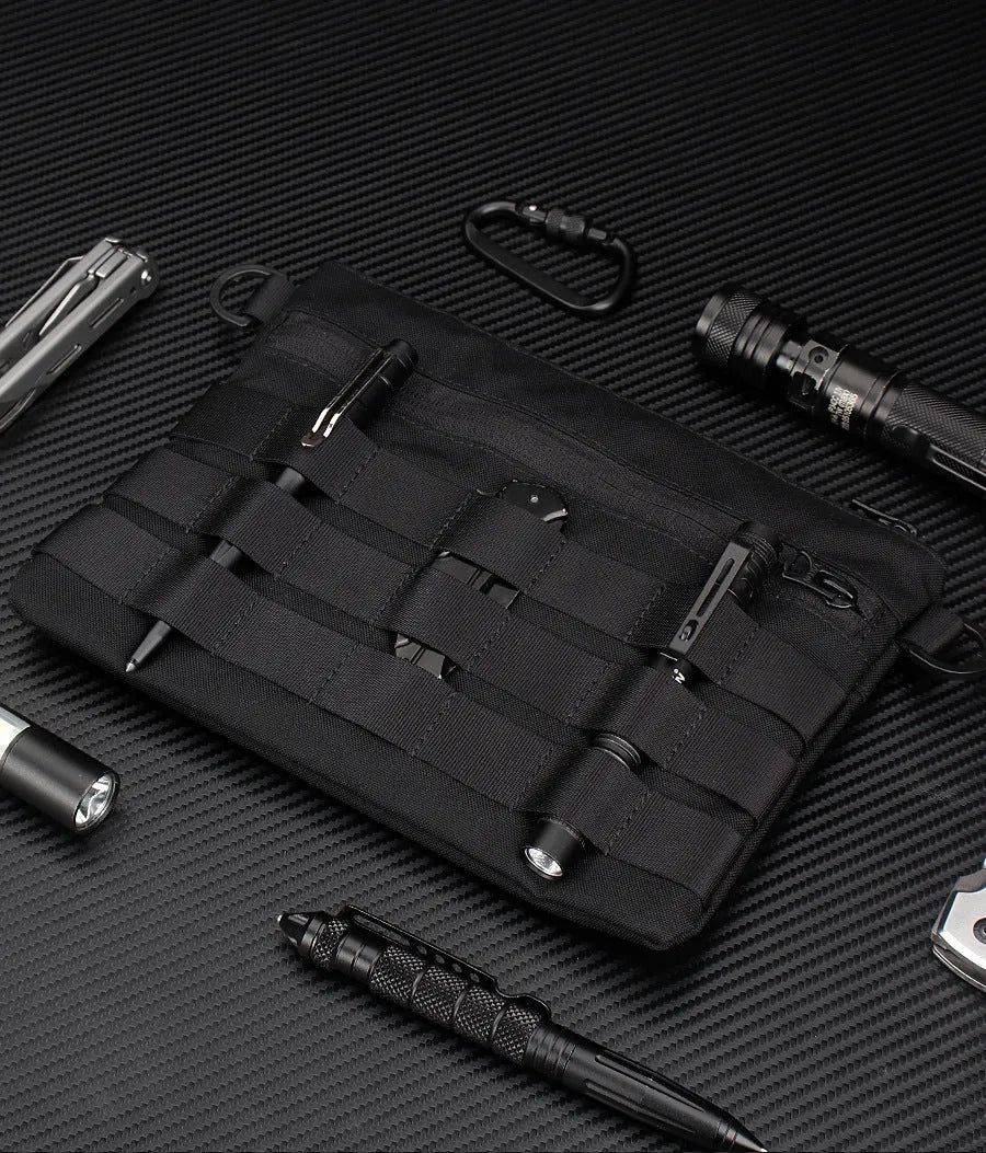 Black Oxford cloth outdoor pouch measuring 18cm long with wear-resistant texture for military and hiking gear