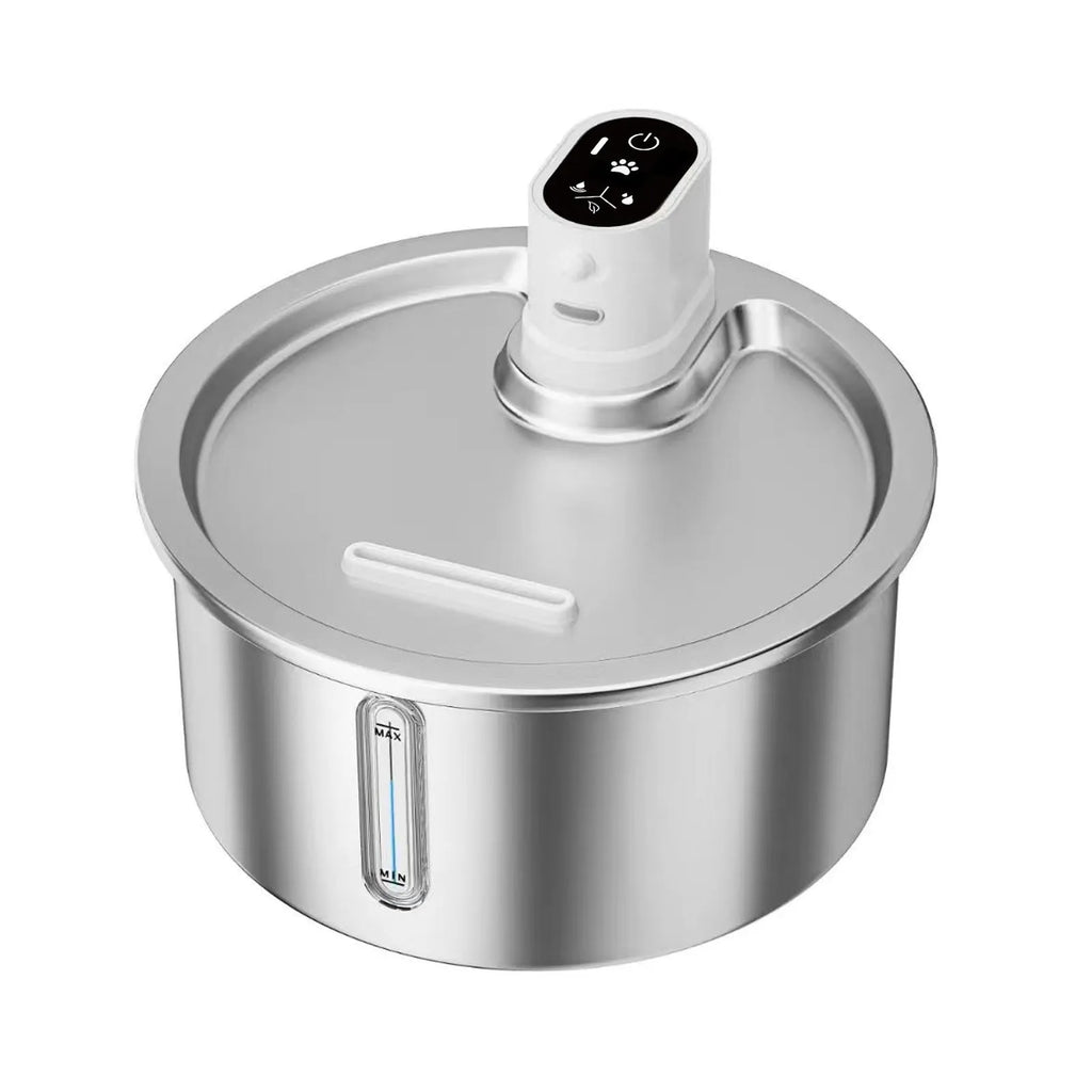 Stainless steel pet water fountain with digital temperature base in black or white.