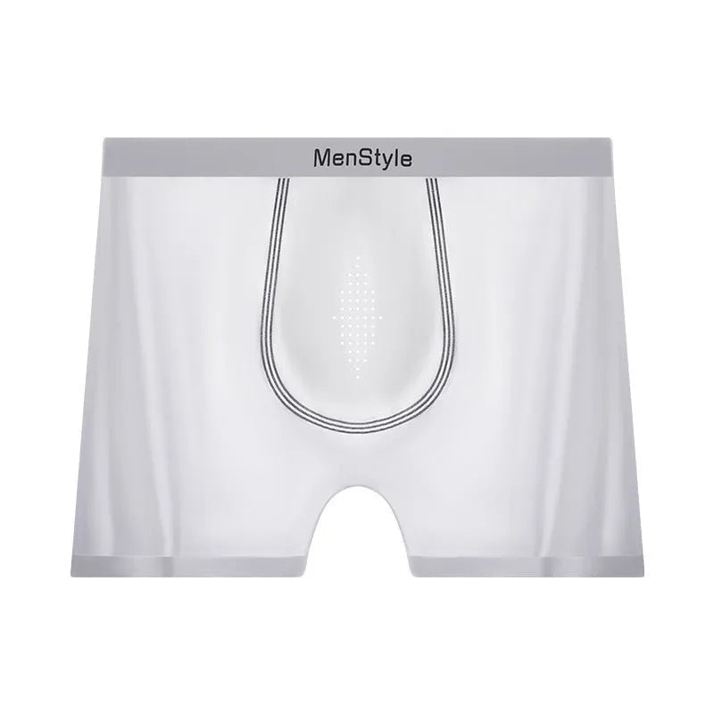 Men's seamless nylon boxer shorts showing single-layer construction and mid waist design