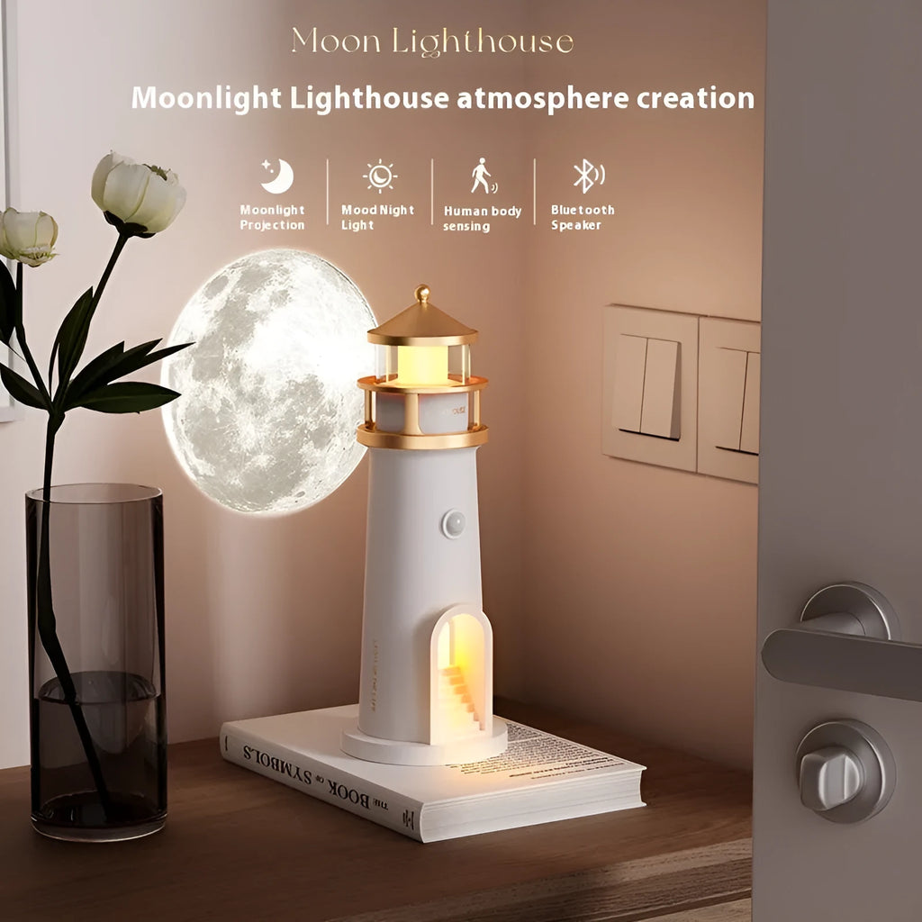 Human body induction moonlight lighthouse table lamp with Bluetooth speaker, 2400mAh battery, geometric modern style on a bedside table