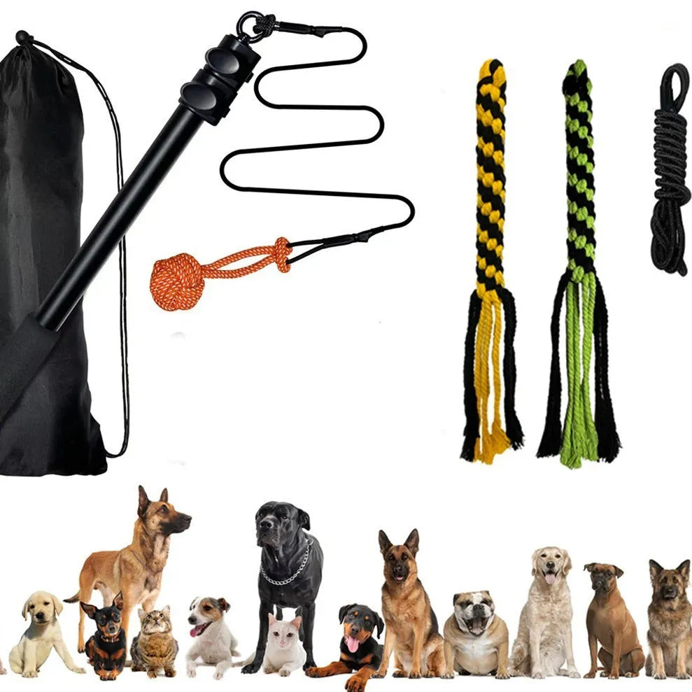 Black telescopic aluminium alloy dog teasing rod extended to 102cm with two bite ropes and one ball