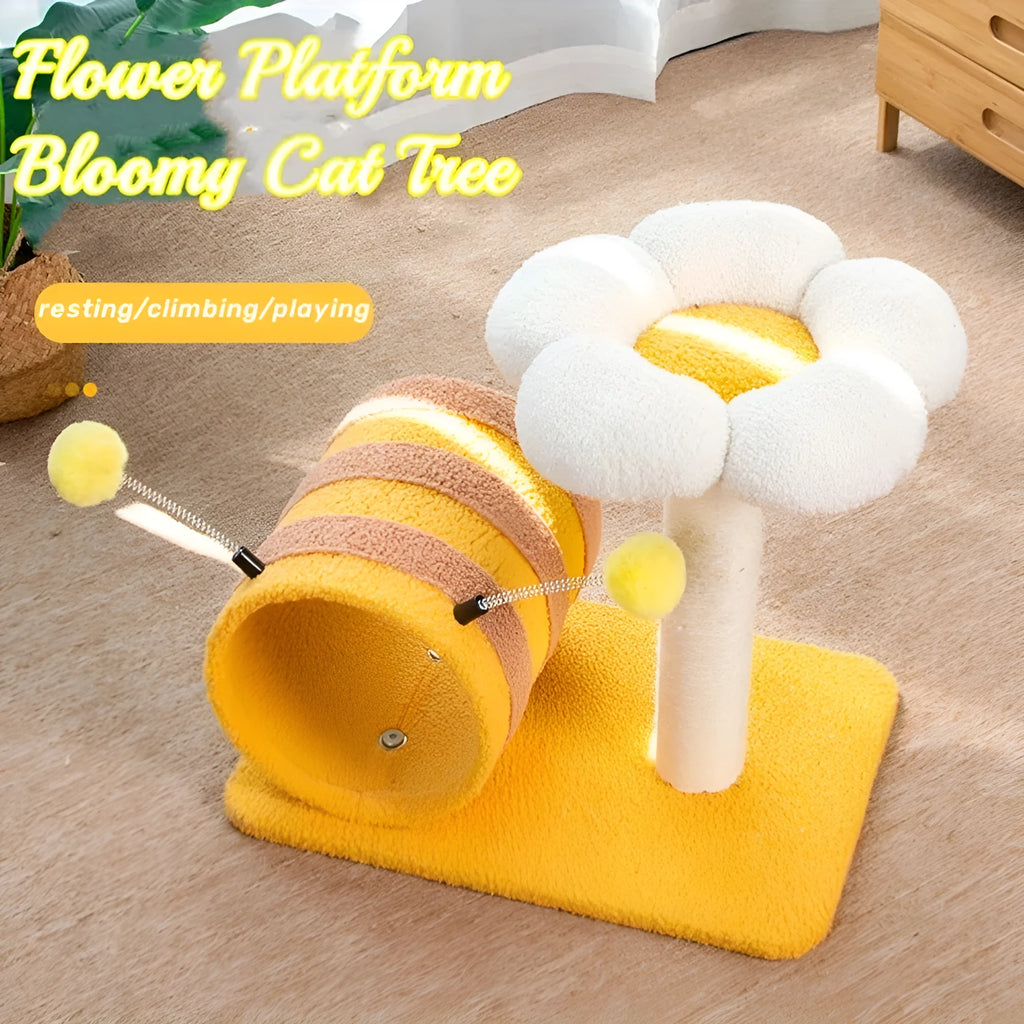 Yellow bee-shaped cat climbing frame with sisal scratching board and tunnel, dimensions 46x36x25cm.