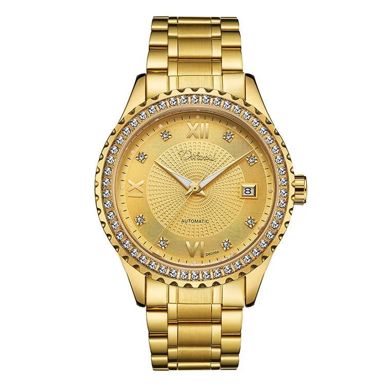 Fashionmonger men's automatic mechanical watch with luminous hands on wrist, showing gold case and white dial option.