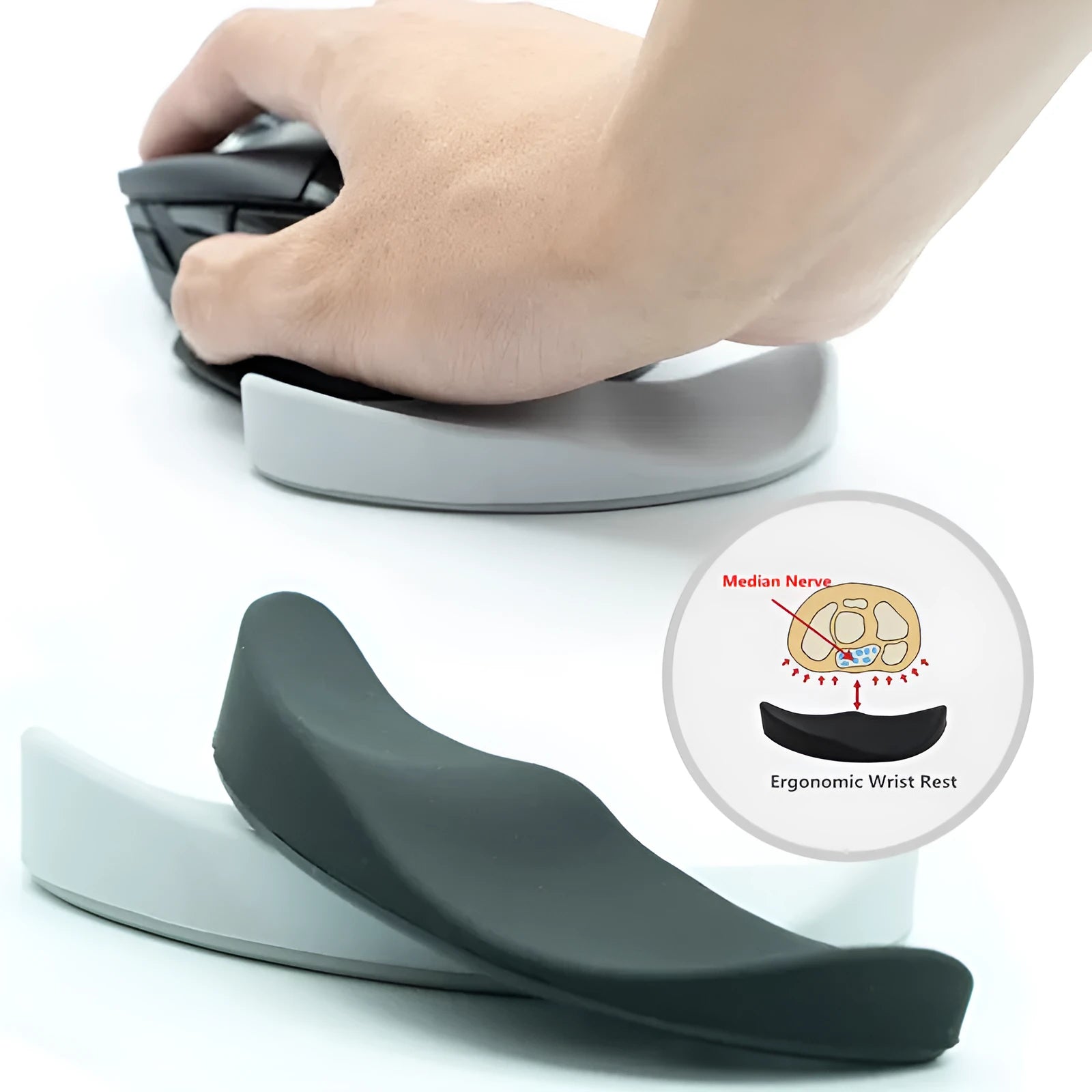Ergonomic silicone mouse wrist rest pad with black gliding surface for right hand use