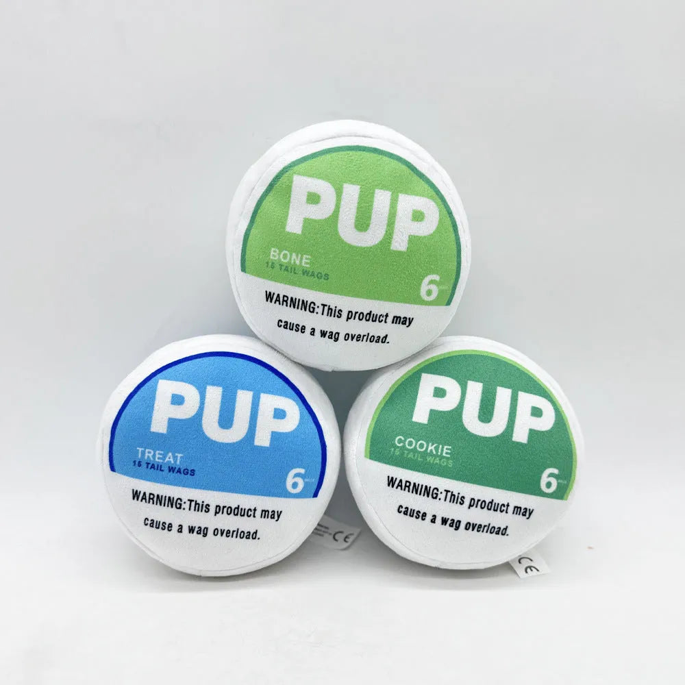 Plush dog toy for gnawing and creaking relief, shown in blue, light green or dark green options