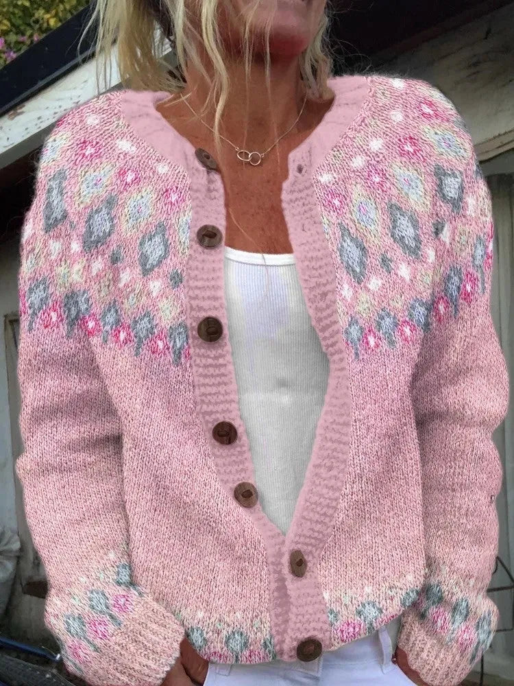 Colour-blocked loose fit cardigan sweater in acrylic fibre jacquard knit open front women's size S-5XL