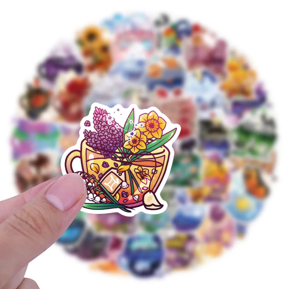 Pack of 50 colourful tea cup graffiti waterproof stickers in Nordic style for DIY luggage and scooter customisation.