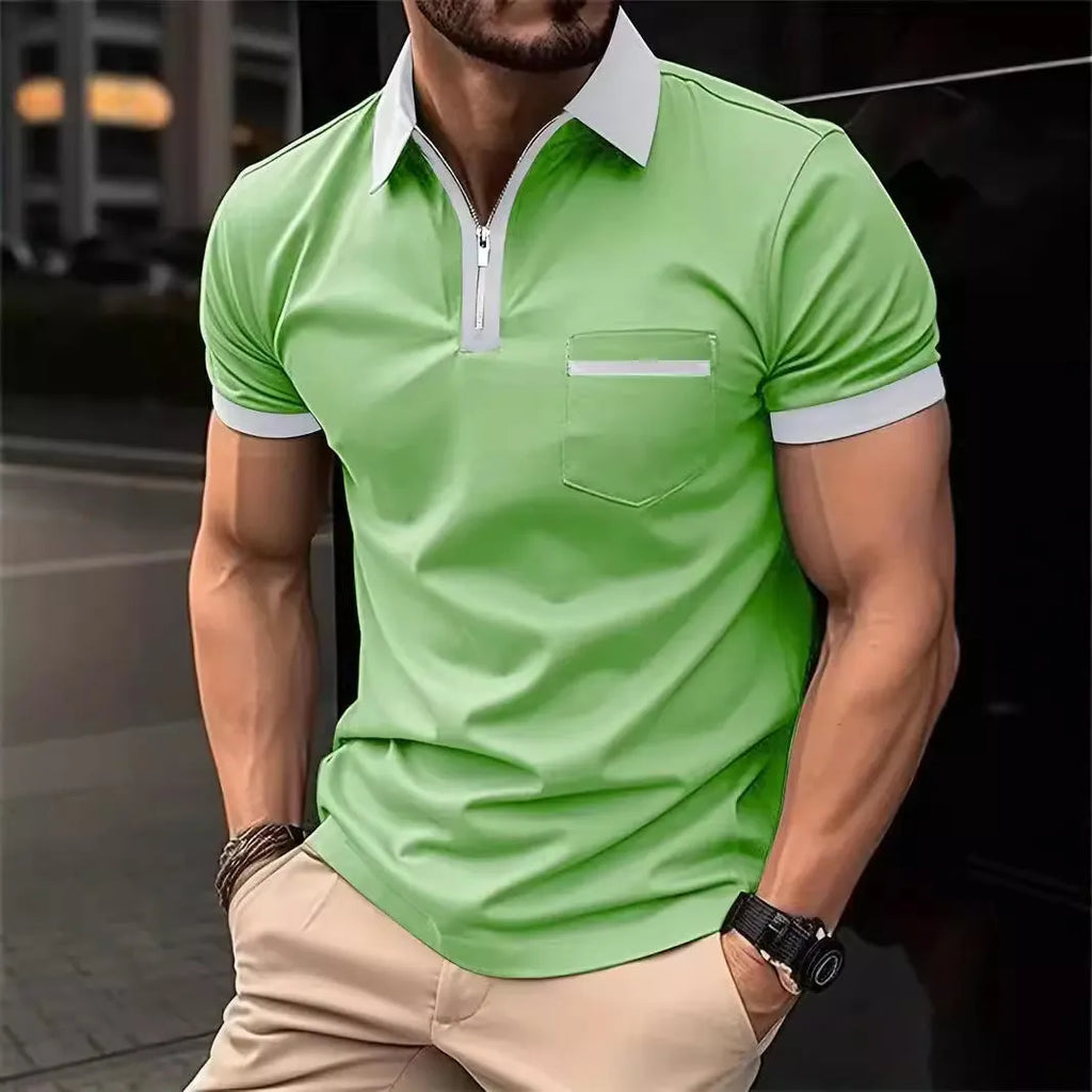Men's loose fit short sleeve casual shirt with chest pocket and zipper detail in a two-tone colour.