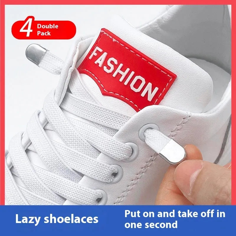 Elastic no-tie shoelaces with flat buckle and press buttons in white, black, red and other colours, free size for adults and children