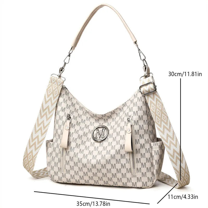 Retro simple printed PU leather shoulder messenger bag with sandwich pocket design and double connector straps