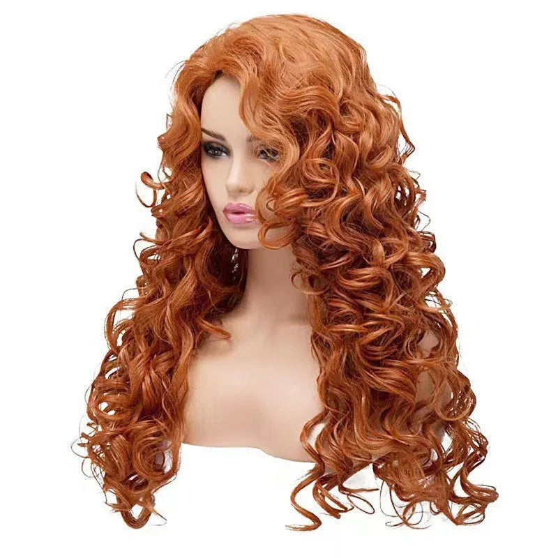 Brown long wavy curly synthetic wig on wig head for Halloween cosplay