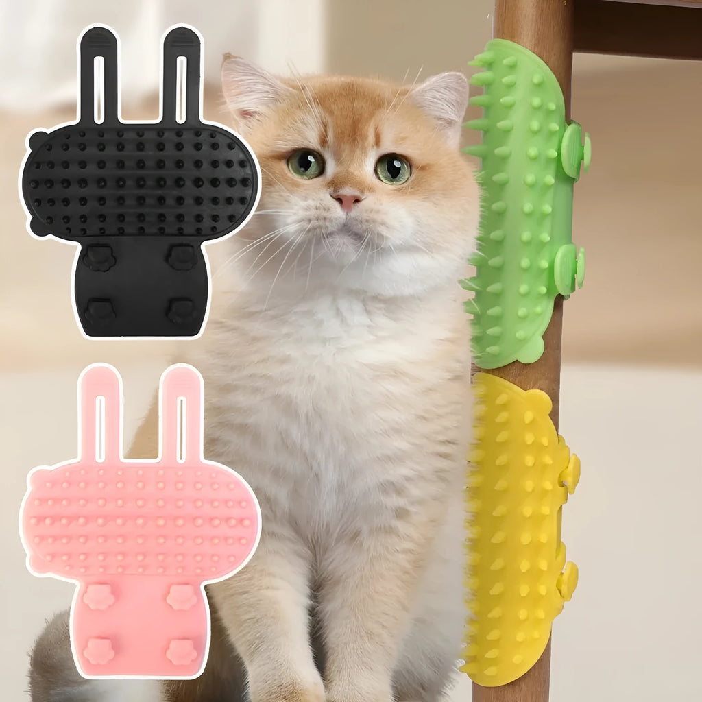 Silicone cat grooming comb with rounded teeth and adjustable strap for table mounting