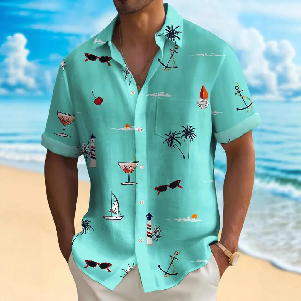 Man wearing a loose-fit Hawaiian shirt with a digital printed pattern, short sleeves.