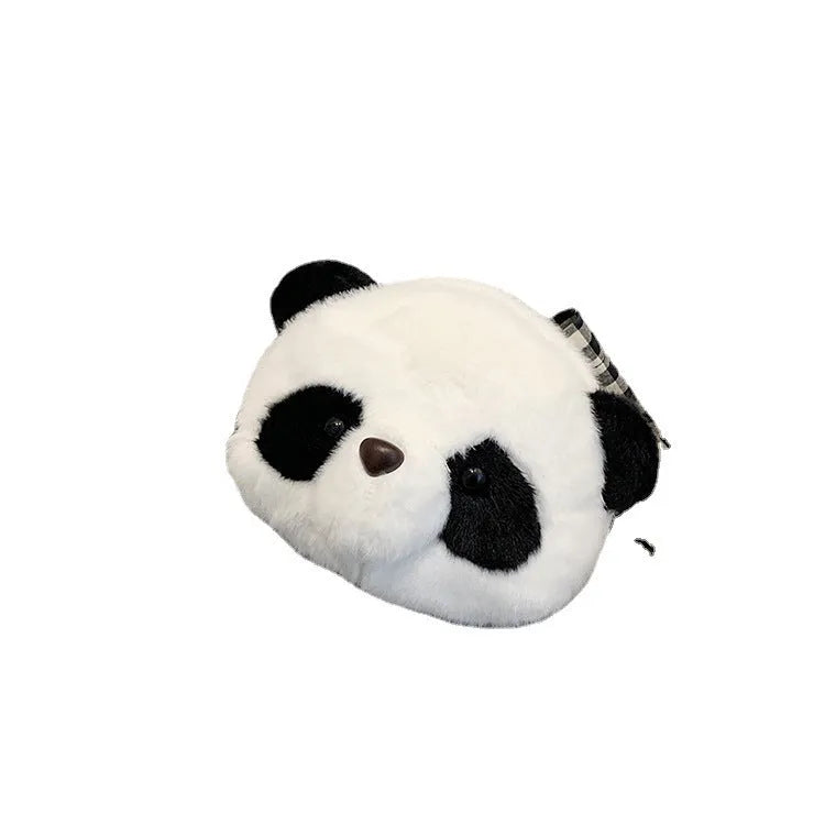 Soft plush panda head crossbody bag with cylindrical shape and outer pocket.