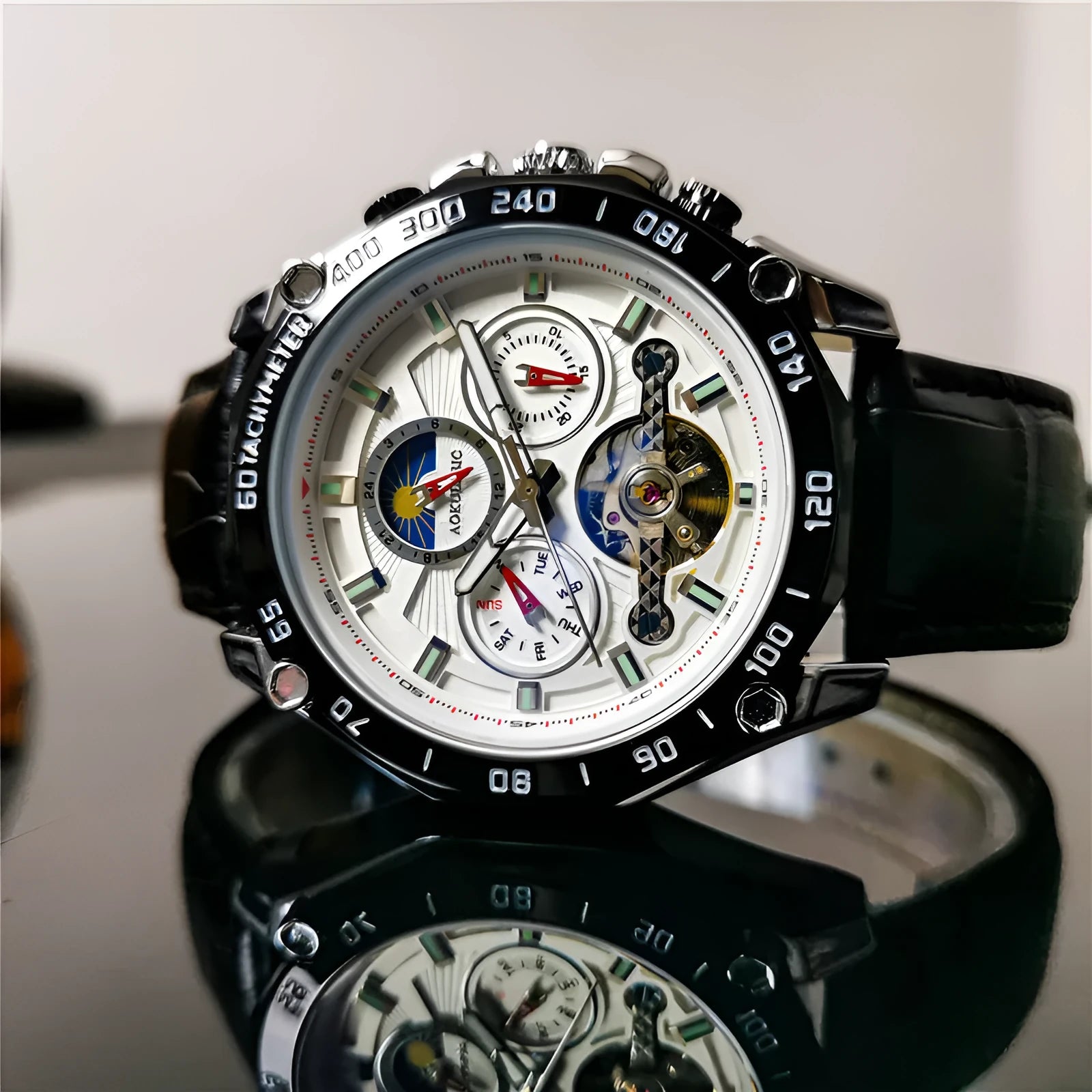 Men's automatic mechanical watch with stainless steel case in various colour options.