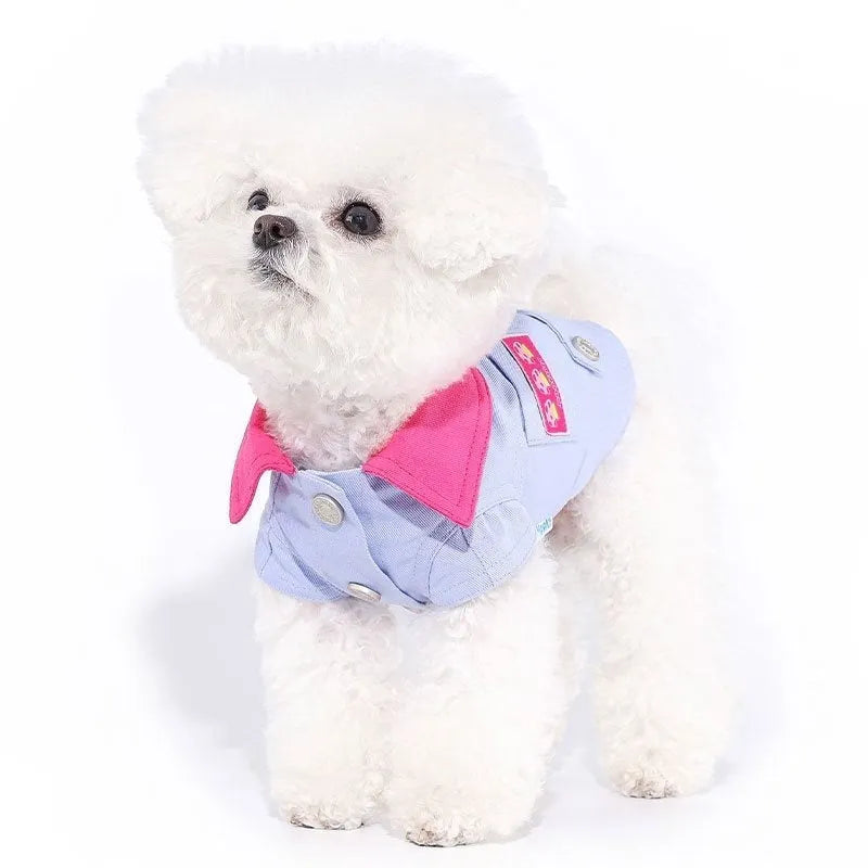 Blue and purple polyester dog vest with integrated traction rope ring for summer wear on small to medium dogs