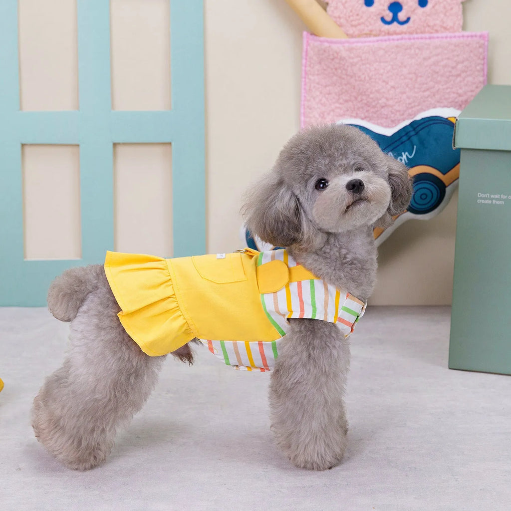 Orange and yellow striped patchwork cotton skirt for dogs on a mannequin