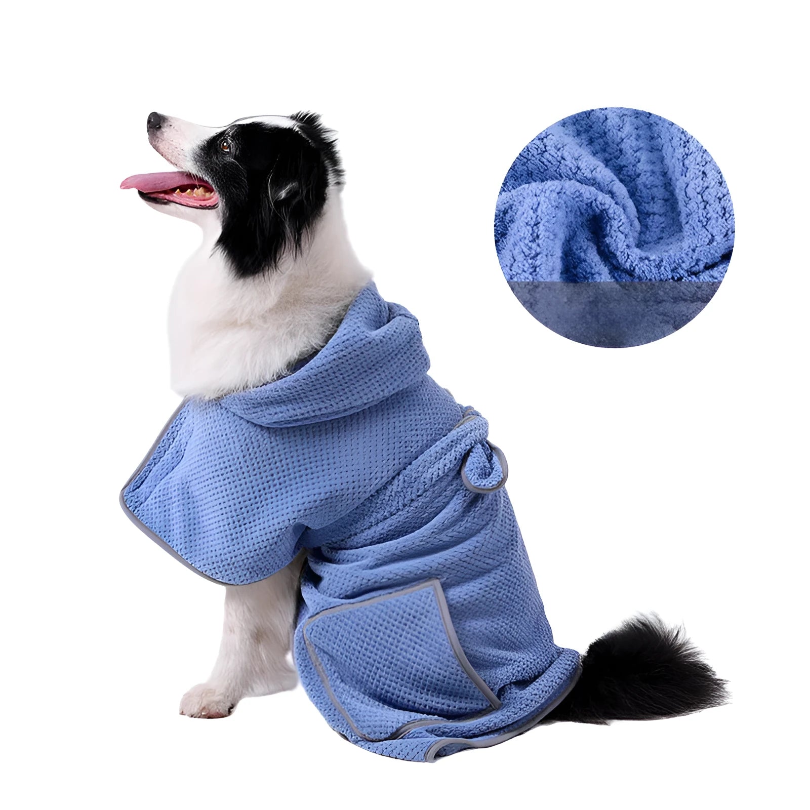 Blue dog bath robe towel with adjustable waistband shown on dog model