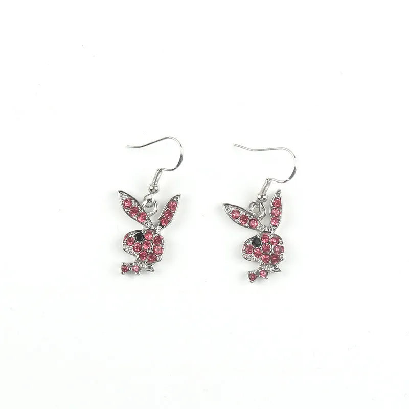 Cute full diamond rabbit stud earrings in silver, pink, or gold colour options.