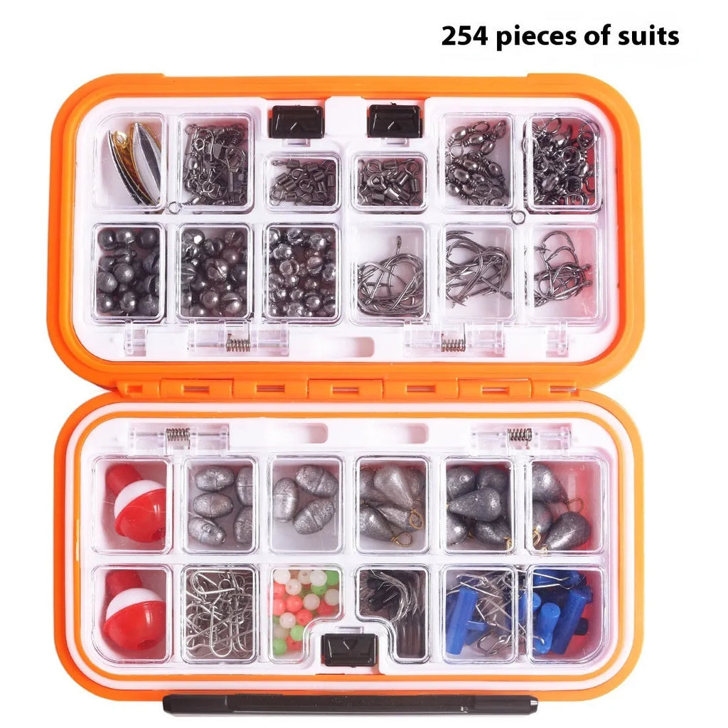 254 piece waterproof rock fishing accessories combination suit in ABS and lead carbon steel for shore angling