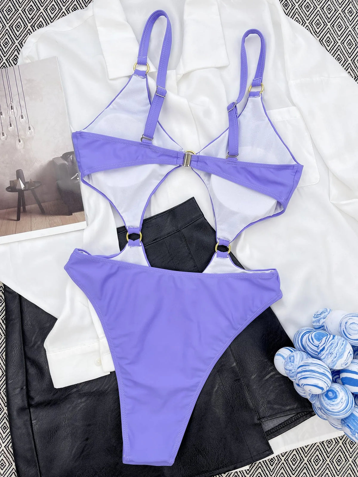 Solid purple one piece swimsuit for women in 80% nylon fabric, front view