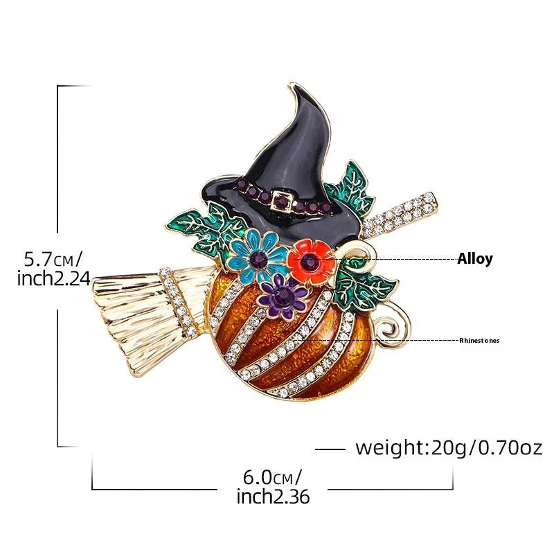 Halloween Pumpkin Witch Brooch in retro style with zinc alloy body, pumpkin and skull elements, unisex decoration pin.