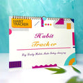 English habit tracking notebook open showing 12 internal pages with A4 21x28cm dimensions