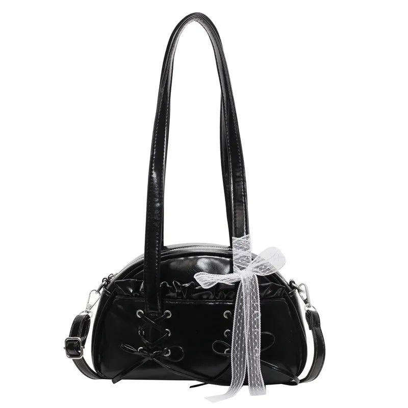 Women's bandage bow handbag in PU leather with phone compartment and sewing thread detail