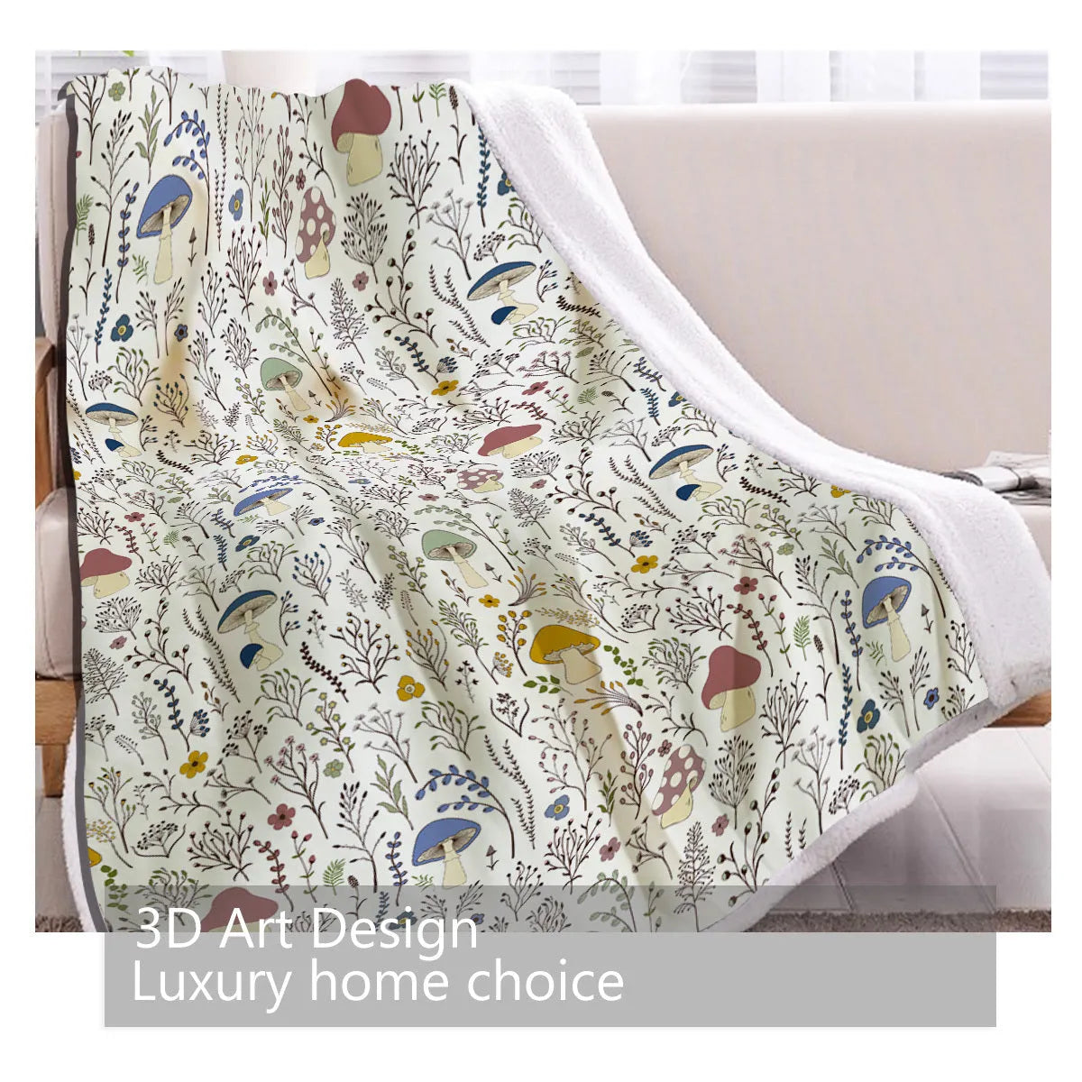 White tree leaf mushroom style lamb wool blanket, Sherpa fleece throw in 130x150cm and 150x200cm with hemmed edges