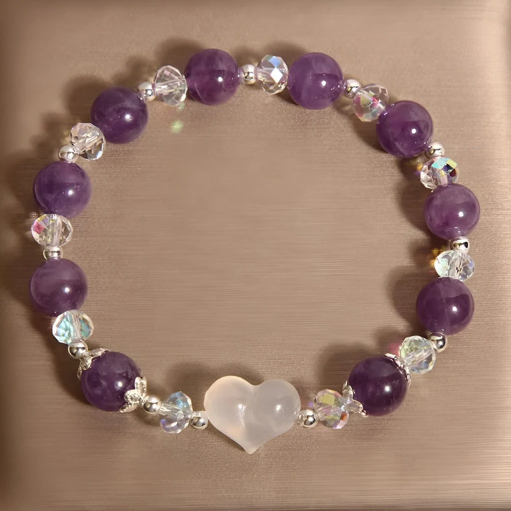 Natural amethyst bracelet with white agate love heart crystal beads light luxury women's accessory