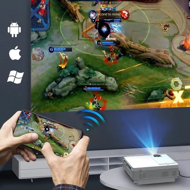 Portable HD 1080p projector in white with remote control, placed on a tabletop