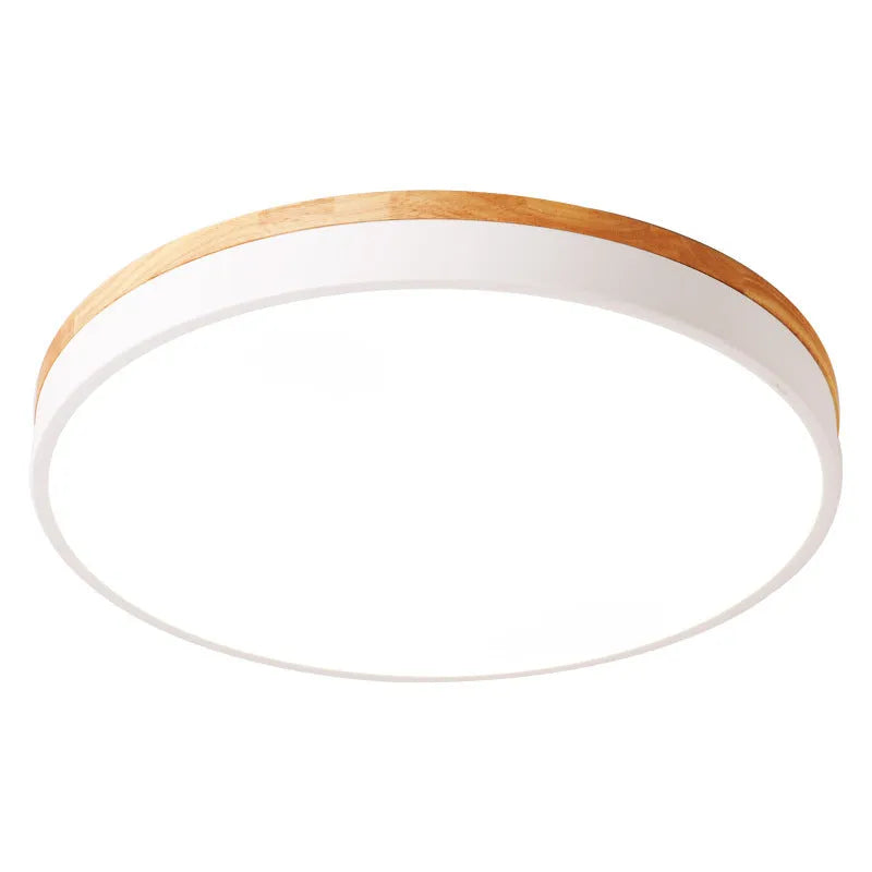 Round solid wood LED ceiling lamp with Nordic design in white finish showing dimmable light feature