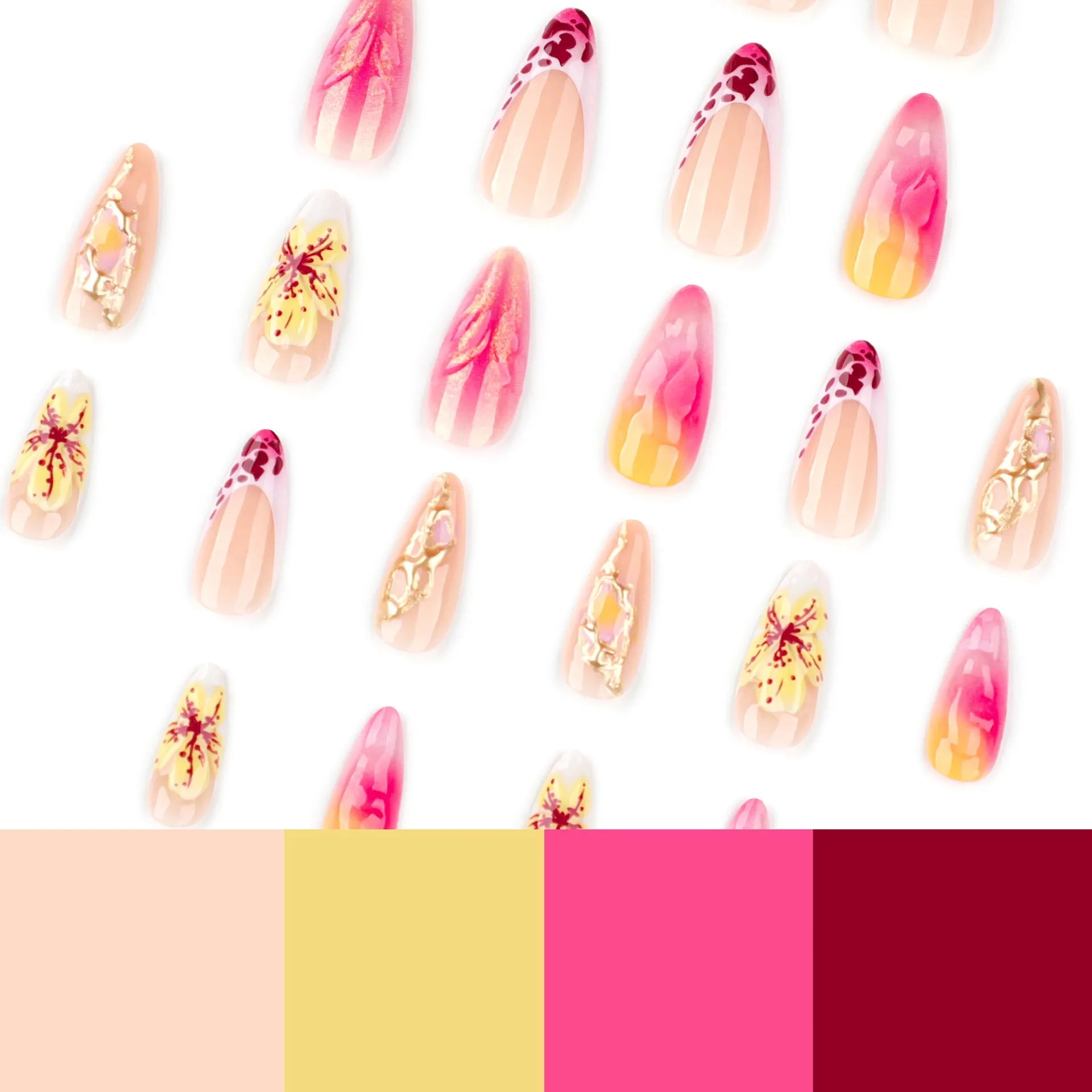 Set of 24 French gradient leopard print 3D flower nail stickers with glue in colour JP3852