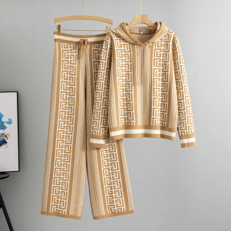 Women's casual knit suit set with hooded sweater top and wide-leg trousers in viscose fibre, available in khaki, black, rose red, and brown colours.