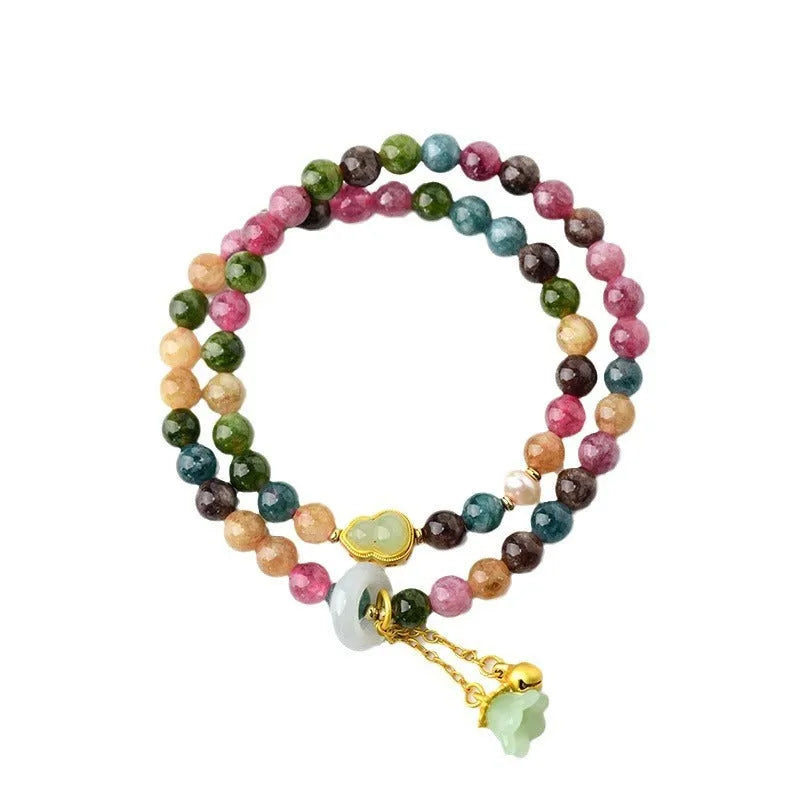 Chalcedony double circle bracelet with 6-6.5mm beads in a geometric design.