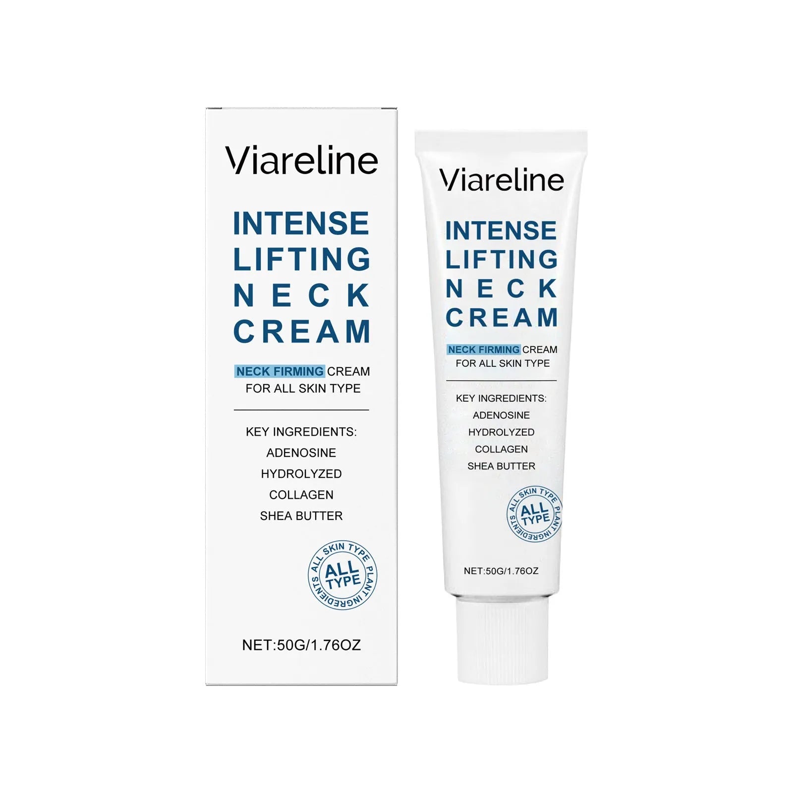 White jar of 50g lifting and tightening neck cream for skincare.