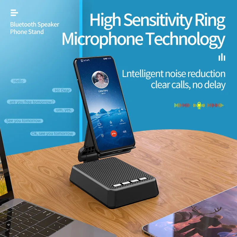 Black mobile phone broadcasting stand with Bluetooth speaker and microphone on desk