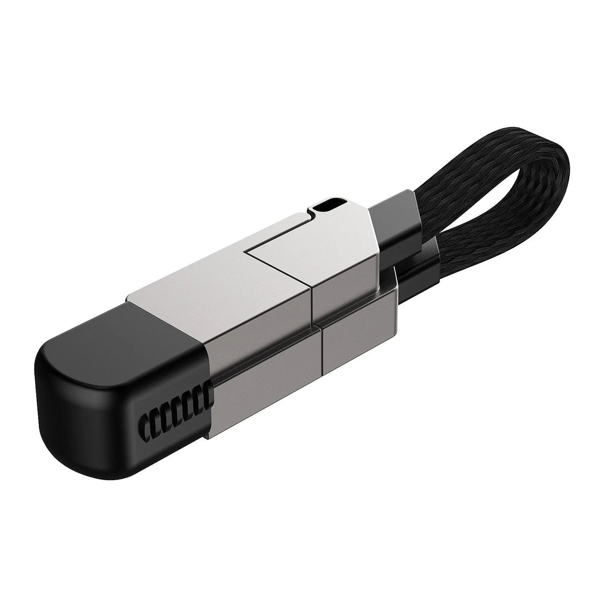 Six-in-one 120W fast charge data cable with zinc alloy connectors in black, showing multiple USB tips