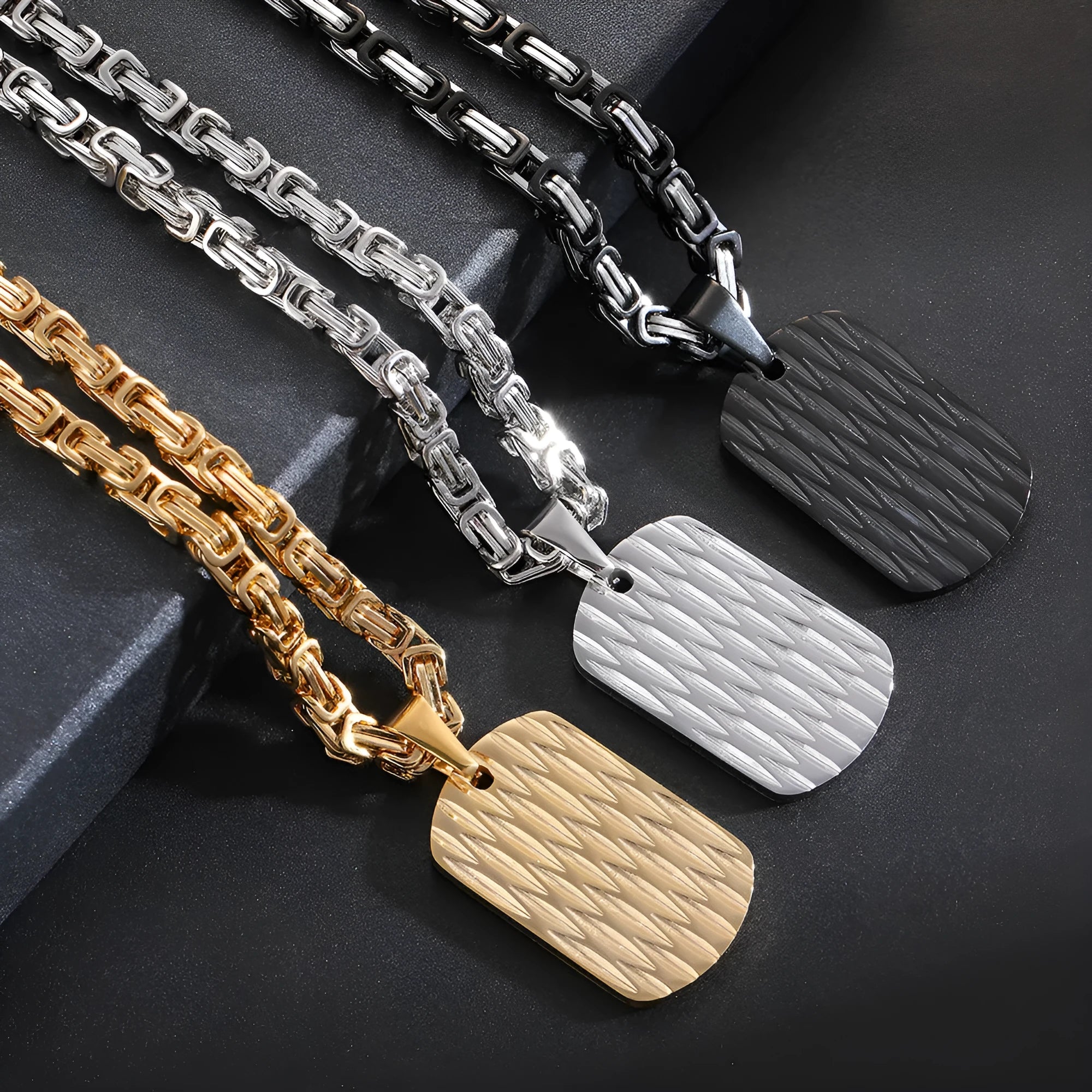 Men's titanium steel geometric water ripple pendant necklace on adjustable emperor chain in black, gold, or silver finish.