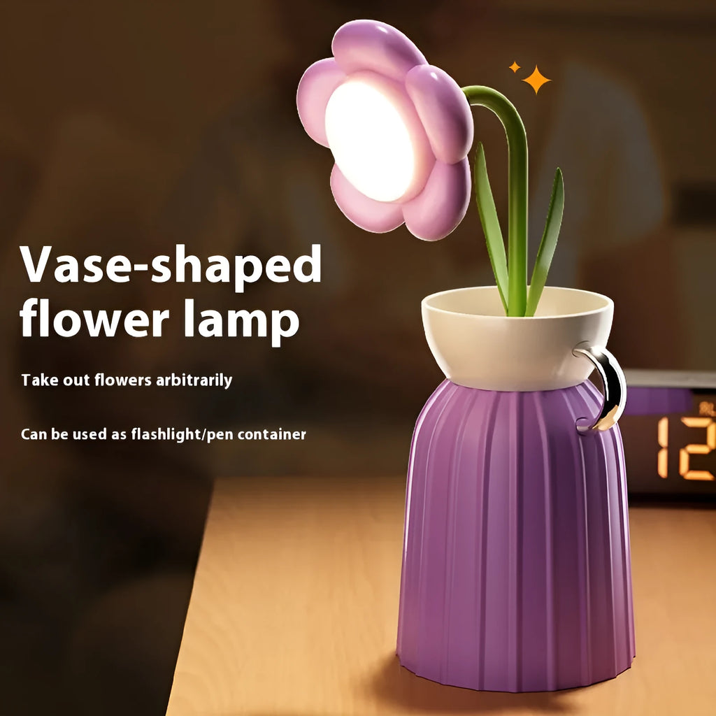 LED flower lamp in pink rose style with USB cable, 30cm tall, on a bedroom table