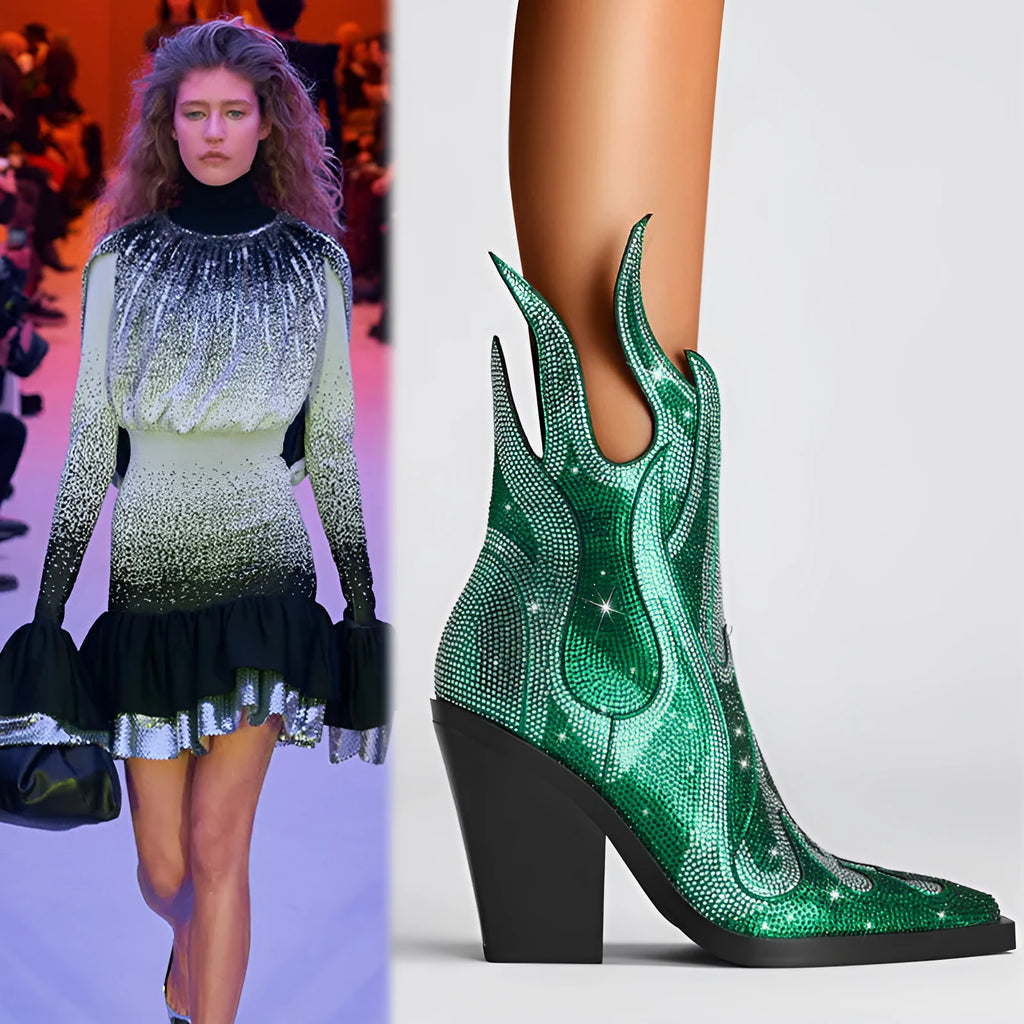 Women's square toe Martin boots with chunky heel and rhinestone flame decoration in multiple colours