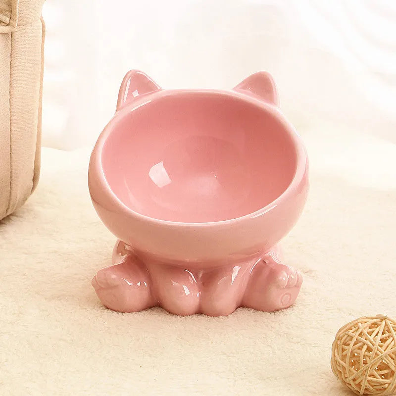 Ceramic cat bowl with neck guard and oblique mouth design, colour Black and White