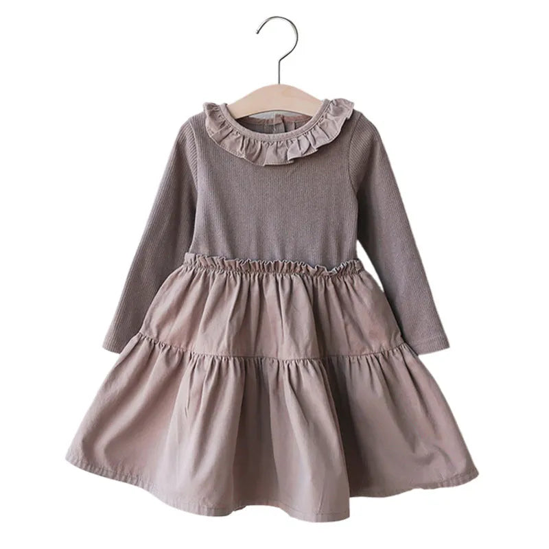Girl's solid colour cotton lace layering stitching princess dress in lotus root starch colour with long sleeves