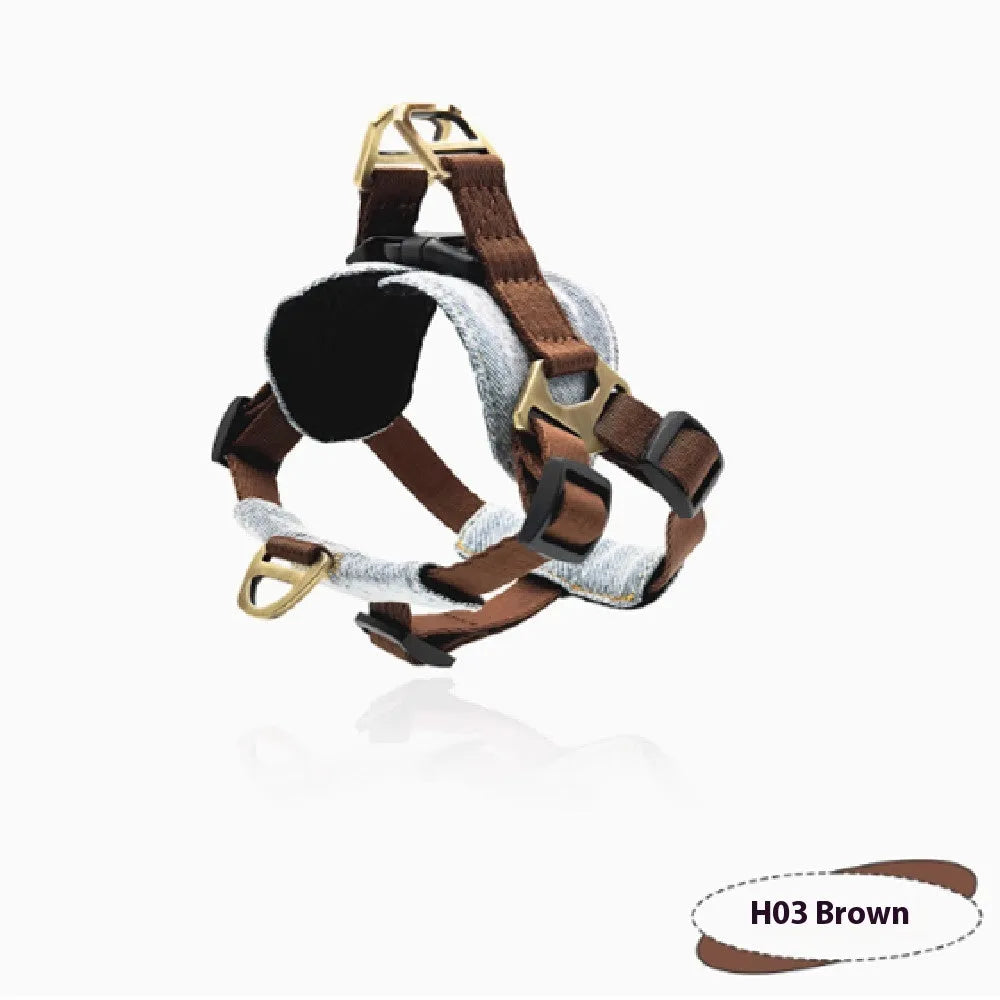 Brown vest style dog chest harness with traction rope for small and medium dogs, sizes L M S