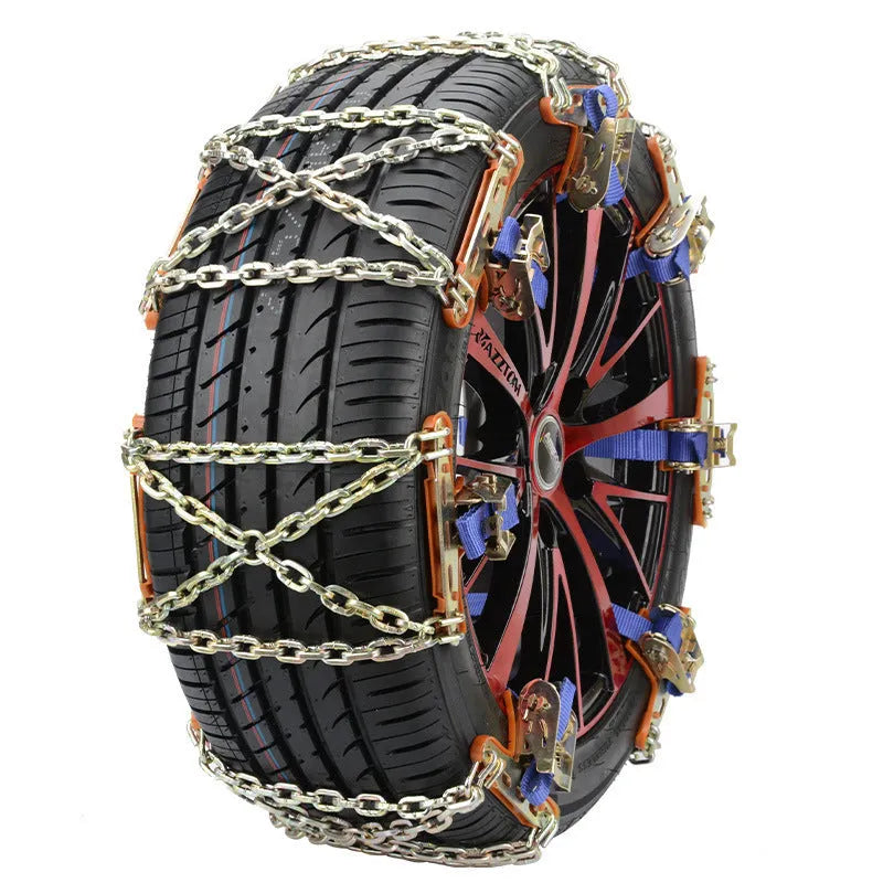 Car snow chain with steel chain, Oxford pad, and nylon strap, fitting 175-265 tyre sizes