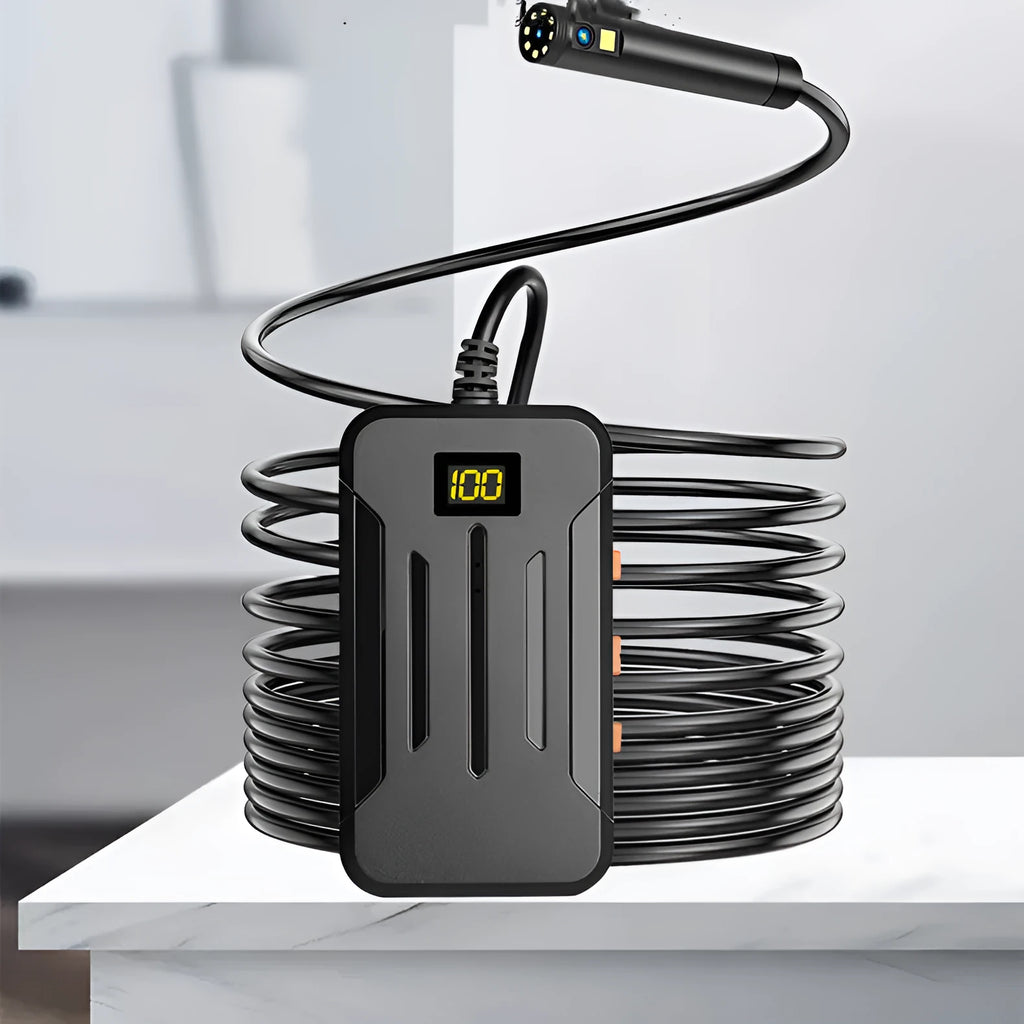 F300 wireless endoscope with dual 5.5mm and 8mm camera probes, magnet, and hook accessories on a dark background