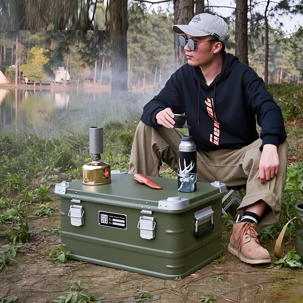 Field Green aluminium alloy outdoor storage box with dimensions 58x38x28cm for camping equipment