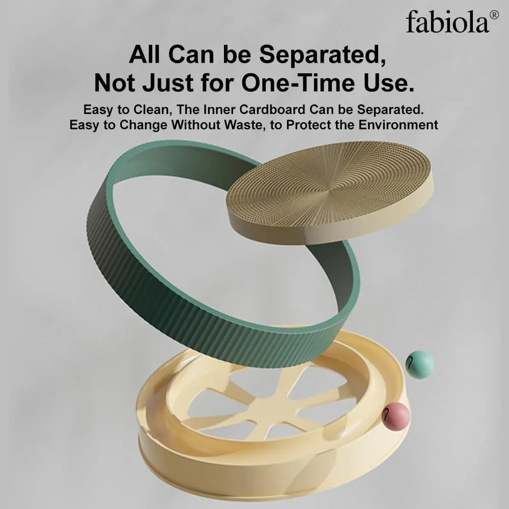 Large green circular cardboard cat scratching board with three built-in ball toys on a white base.